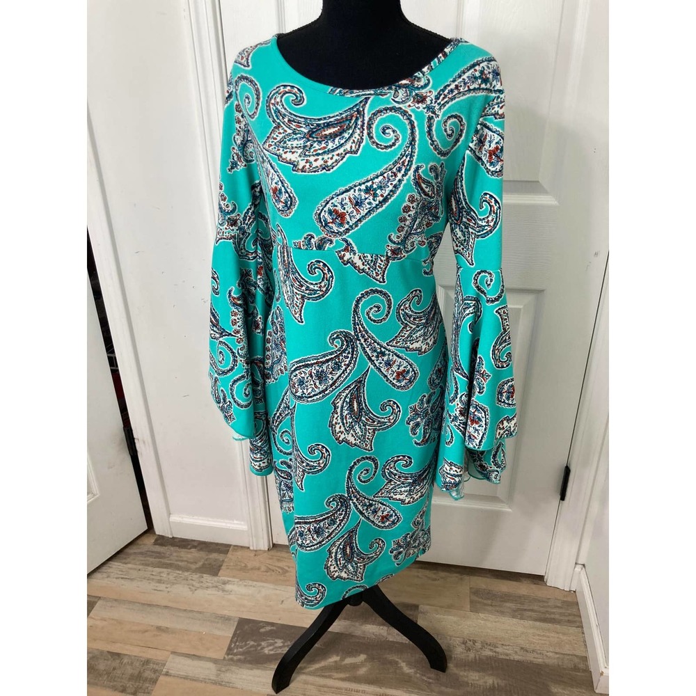 Cato Paisley Pull-over Dress with Bell Sleeves, Medium